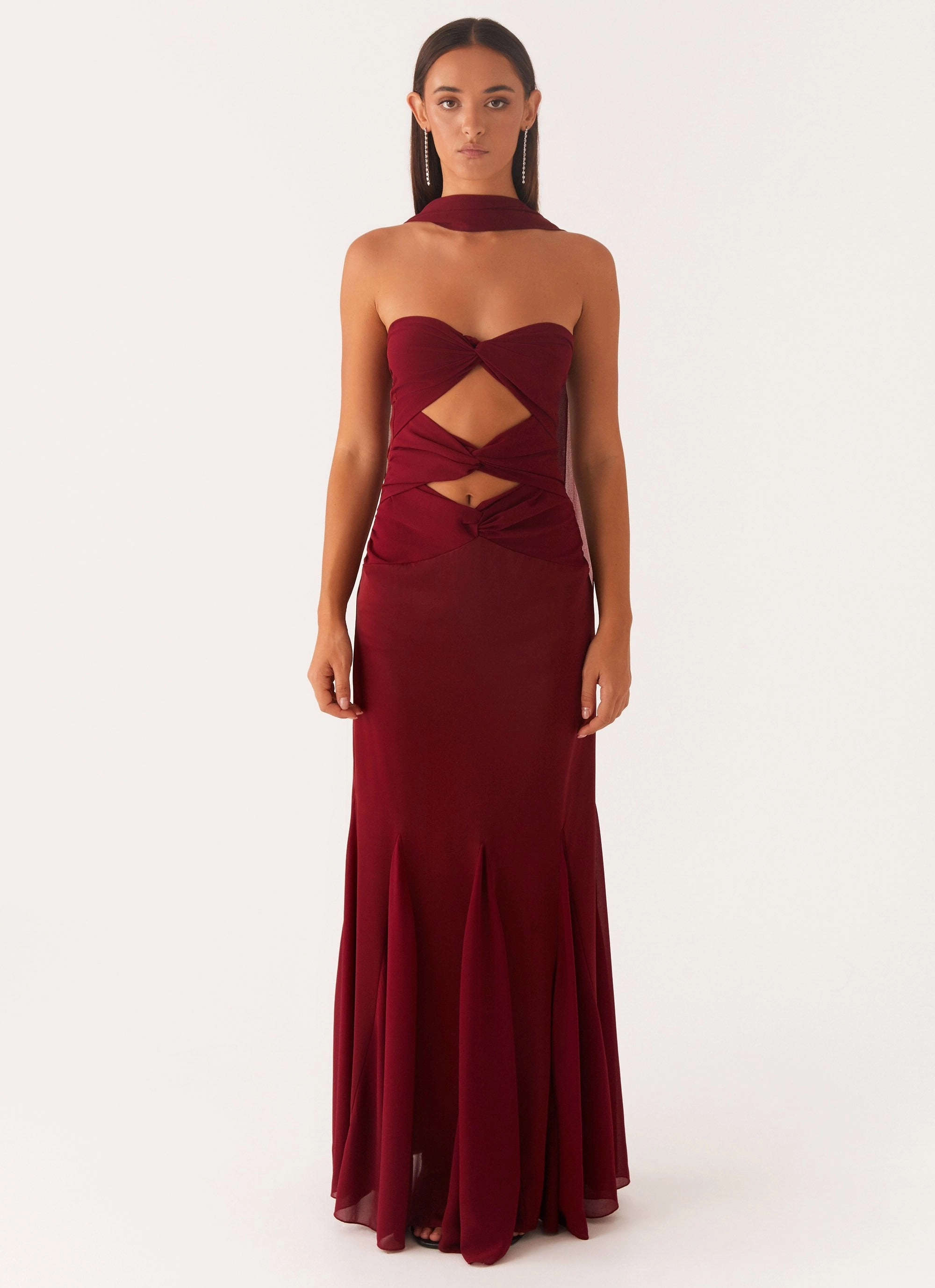Formal Setting Melrose Satin Chiffon Maxi Dress - Deep Red