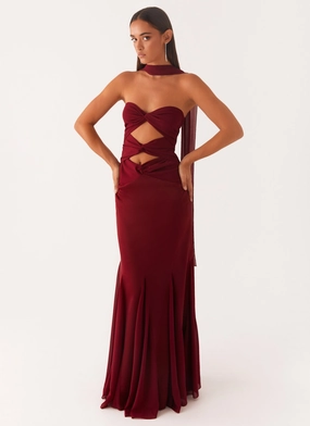 Melrose Satin Chiffon Maxi Dress - Deep Red Clean Edge