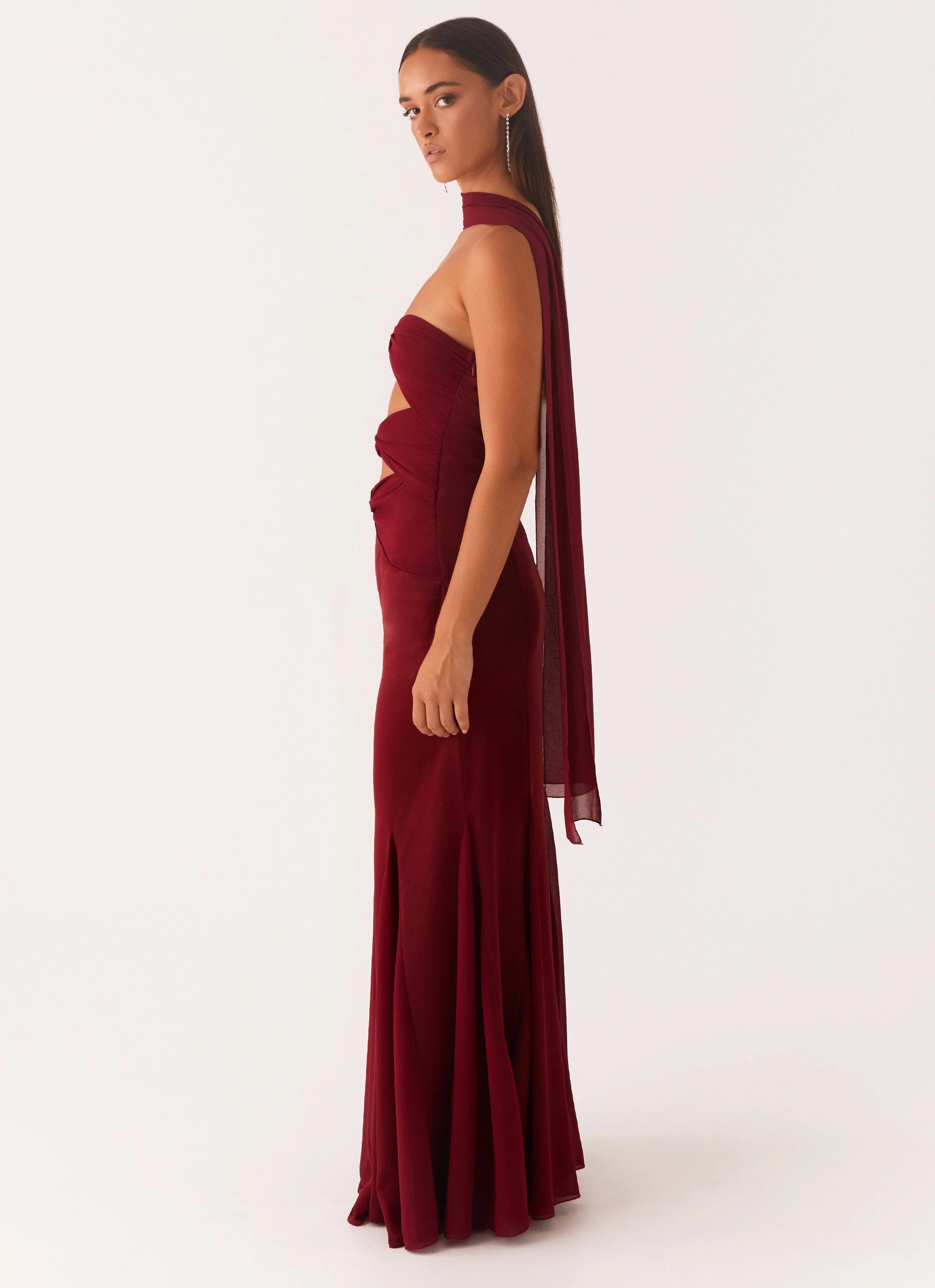 Melrose Satin Chiffon Maxi Dress - Deep Red Elegant Comfort Bridal-Shower