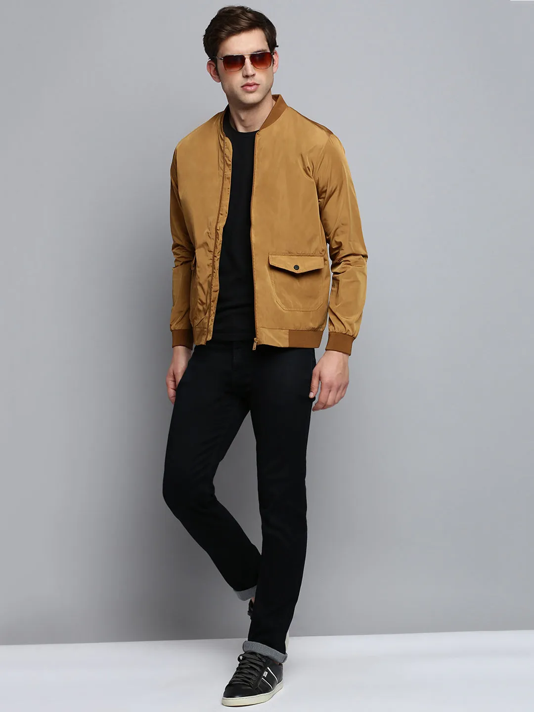 Men Brown Solid Casual Jacket