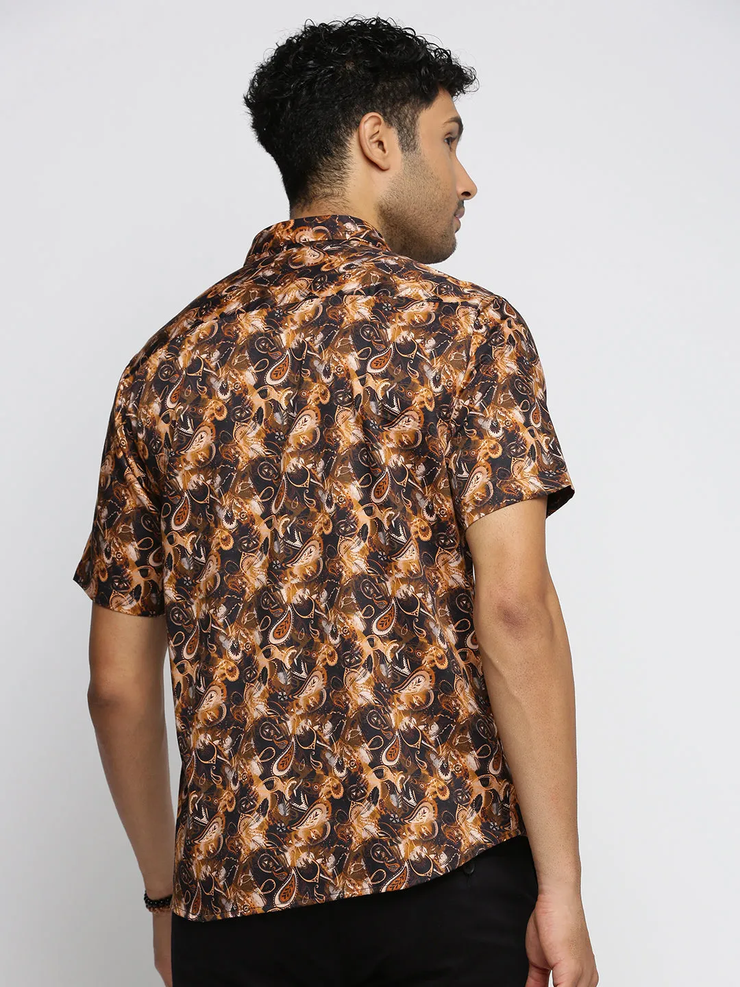 Men Brown Spread Collar Ethnic Motifs Shirt