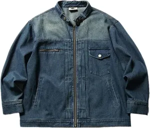 Men Fashion Stand Collar Loose Denim Jacket Vintage Zipper Denim Cargo Jacket Motorcycle Coat Outerwear