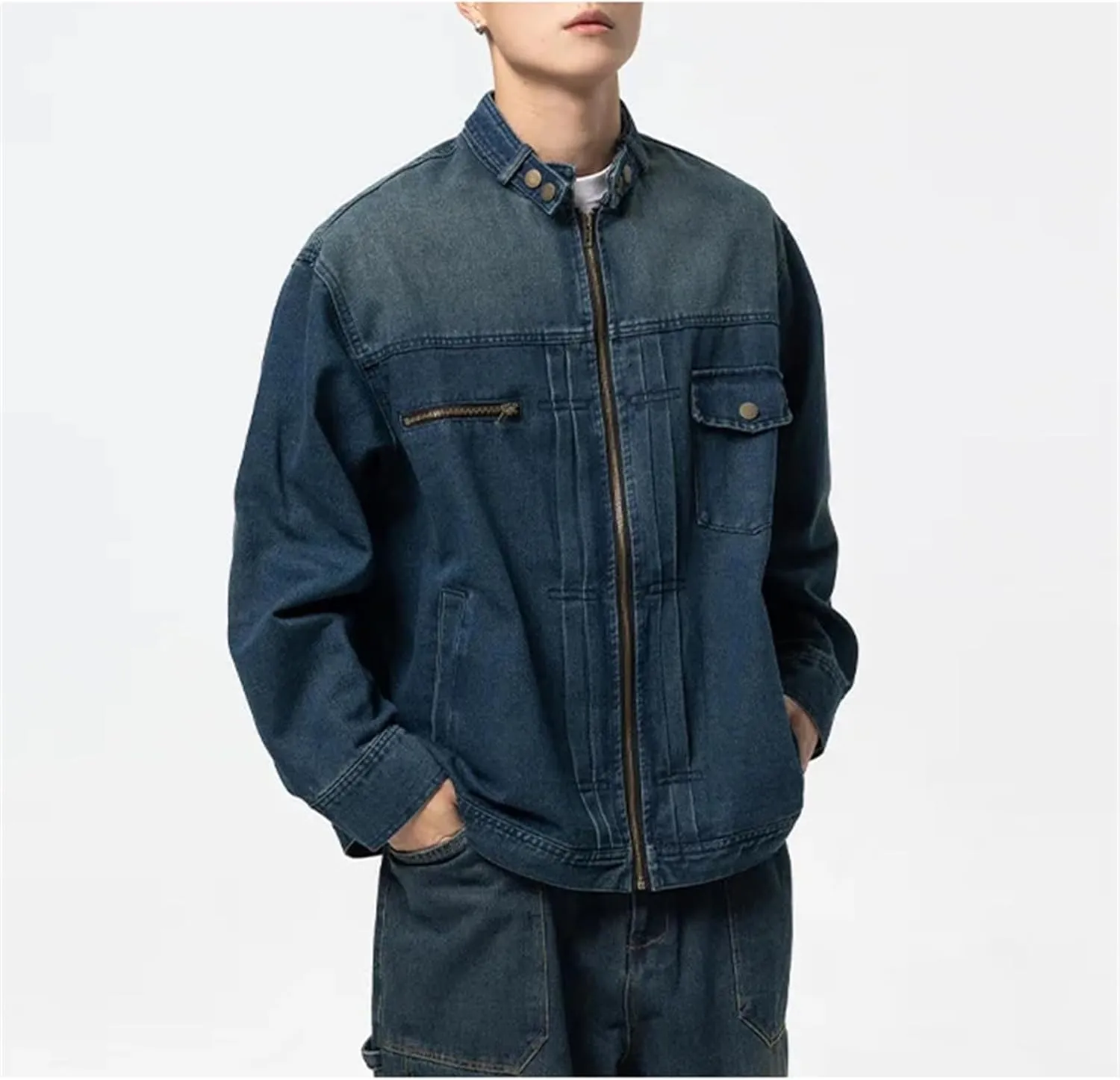 Men Fashion Stand Collar Loose Denim Jacket Vintage Zipper Denim Cargo Jacket Motorcycle Coat Outerwear