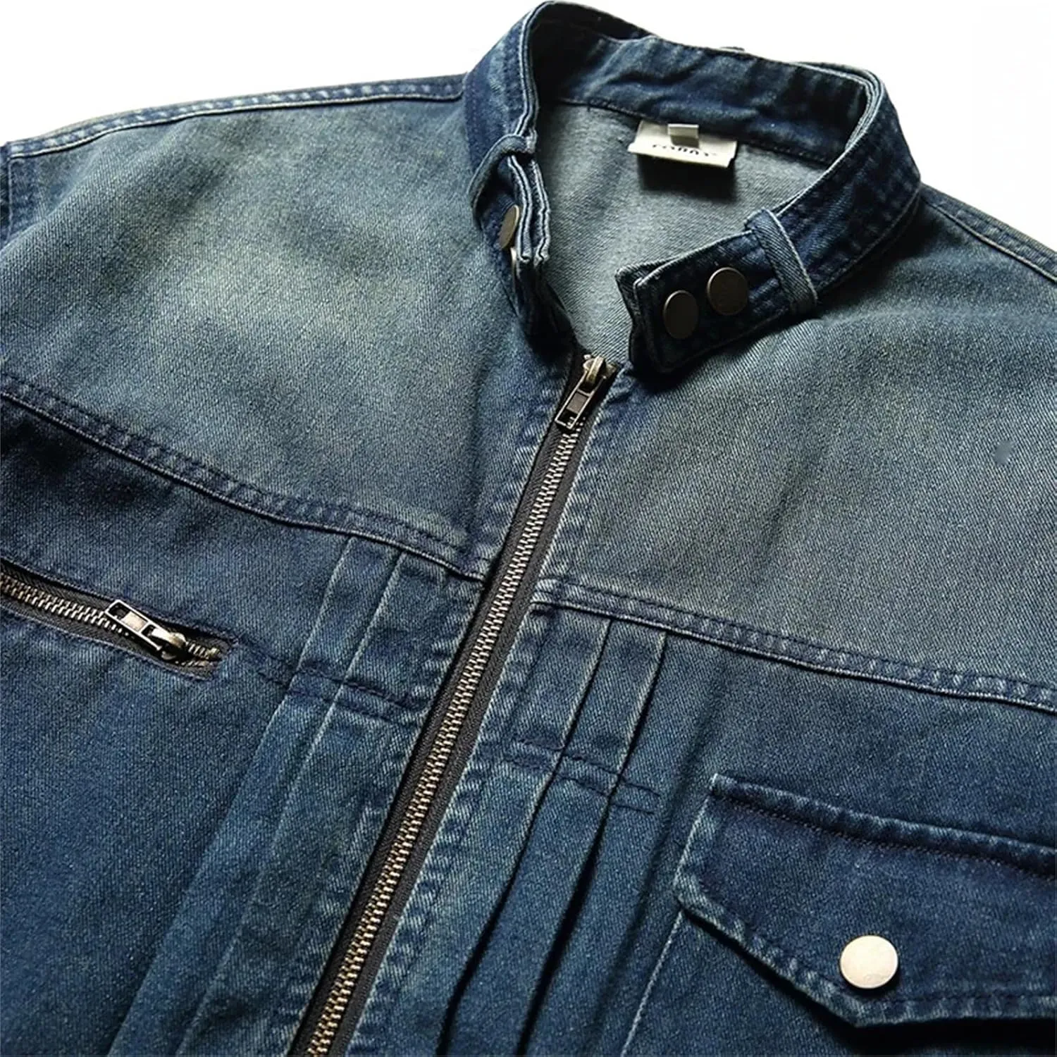 Men Fashion Stand Collar Loose Denim Jacket Vintage Zipper Denim Cargo Jacket Motorcycle Coat Outerwear