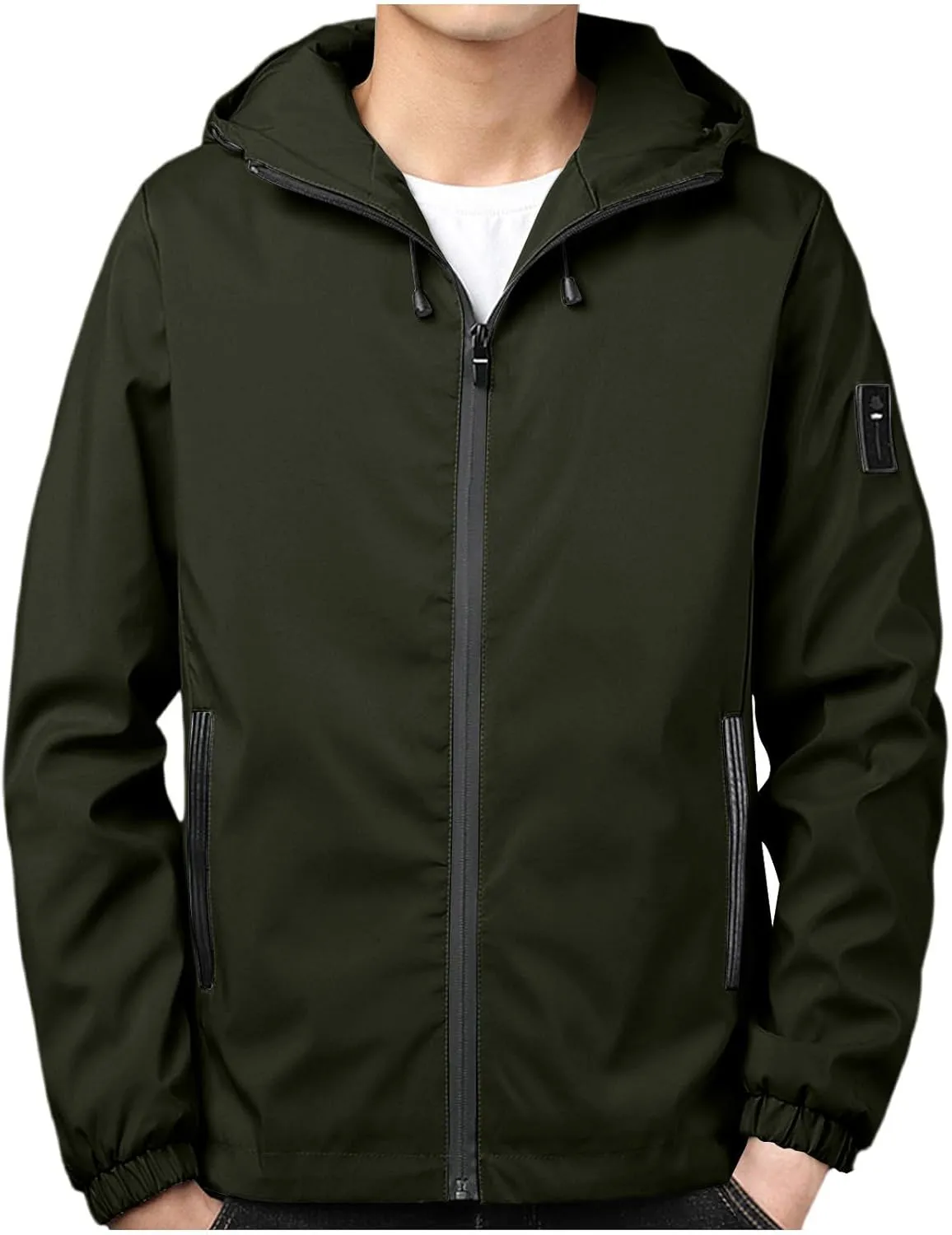 Men Rain Jacket Lightweight Hooded Windbreaker Waterproof Outdoor Sports Hiking Raincoat Long Sleeve Zip Coat Outwear