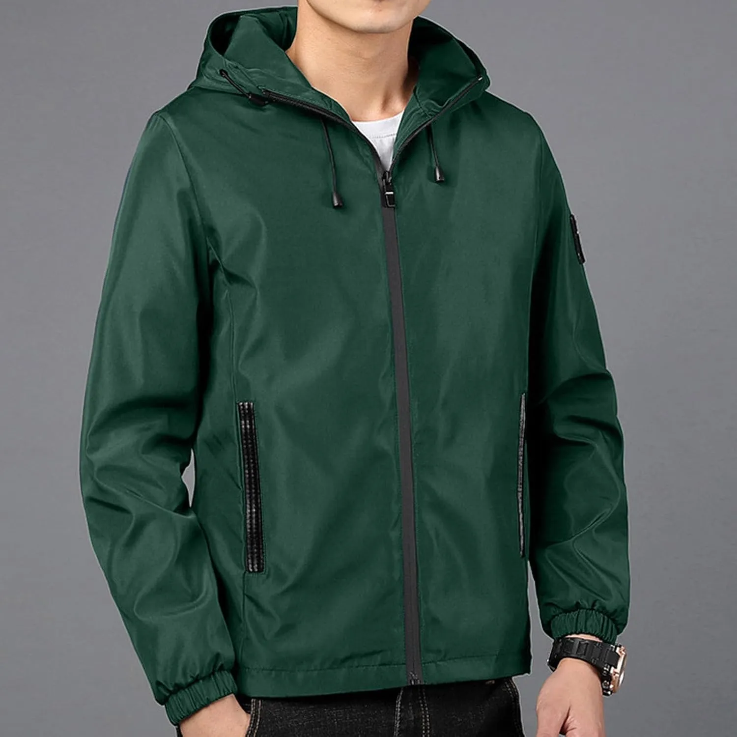 Men Rain Jacket Lightweight Hooded Windbreaker Waterproof Outdoor Sports Hiking Raincoat Long Sleeve Zip Coat Outwear