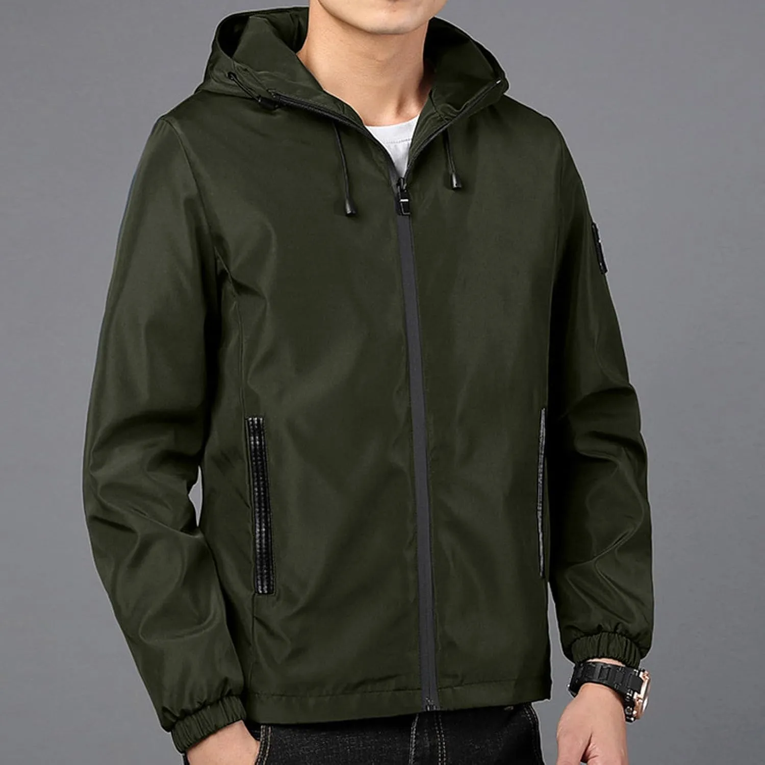Men Rain Jacket Lightweight Hooded Windbreaker Waterproof Outdoor Sports Hiking Raincoat Long Sleeve Zip Coat Outwear