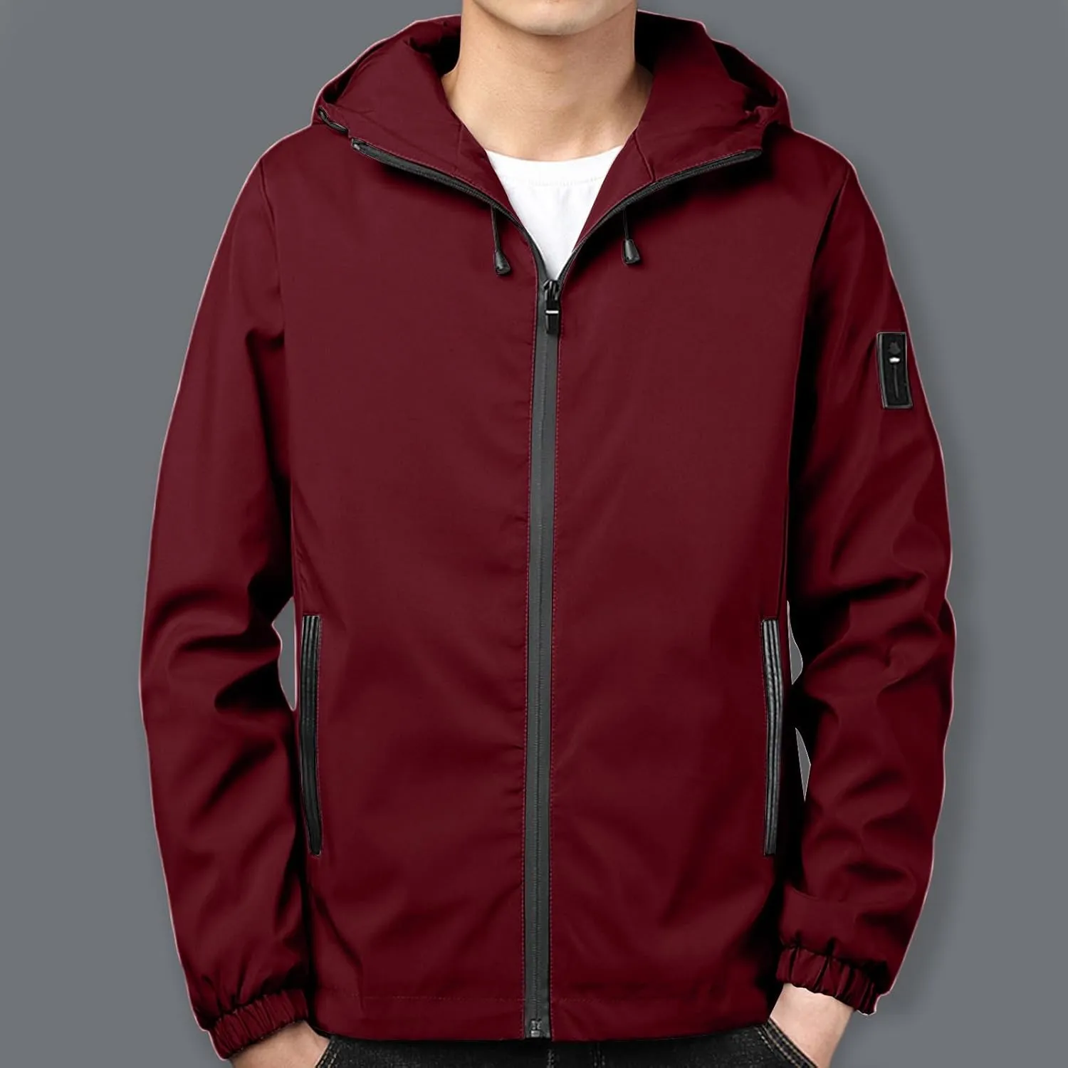Men Rain Jacket Lightweight Hooded Windbreaker Waterproof Outdoor Sports Hiking Raincoat Long Sleeve Zip Coat Outwear