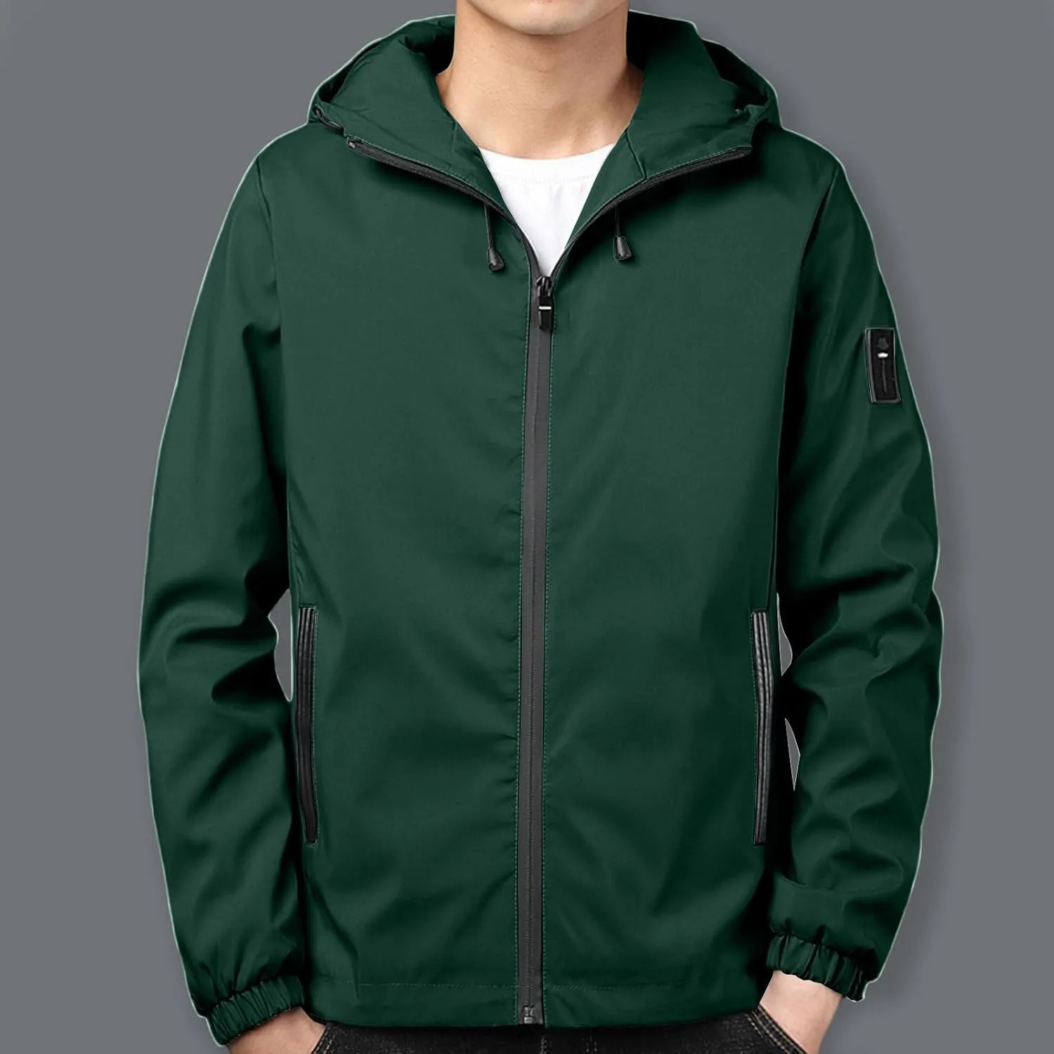 Men Rain Jacket Lightweight Hooded Windbreaker Waterproof Outdoor Sports Hiking Raincoat Long Sleeve Zip Coat Outwear