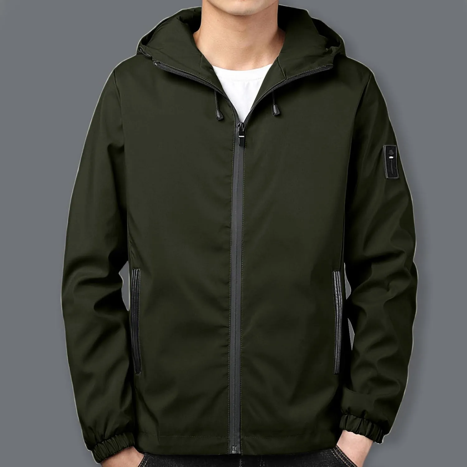 Men Rain Jacket Lightweight Hooded Windbreaker Waterproof Outdoor Sports Hiking Raincoat Long Sleeve Zip Coat Outwear