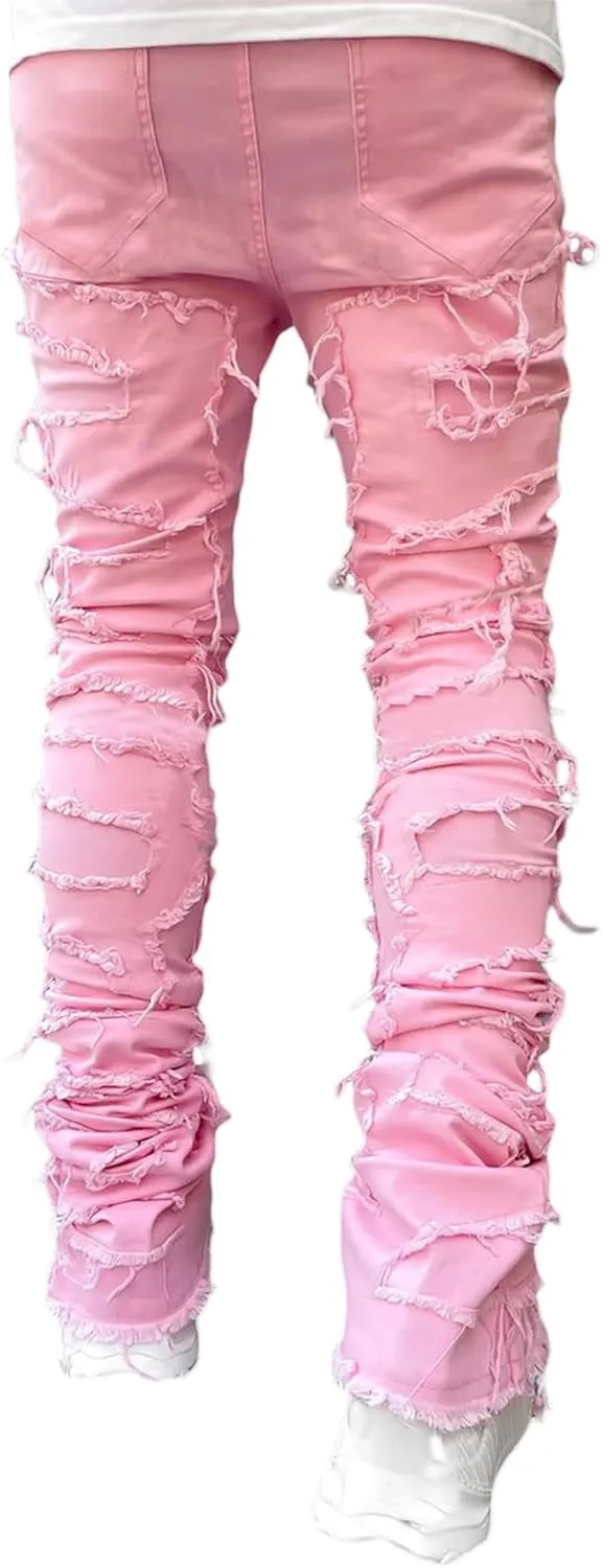 Men Stacked Jeans Distressed Destroyed Straight Denim Pants Fitted Solid Ripped Jeans Harajuku Cargo Trousers