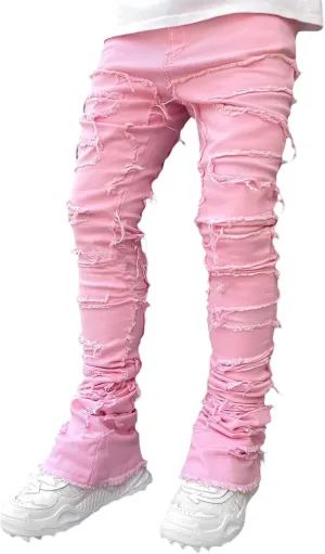 Men Stacked Jeans Distressed Destroyed Straight Denim Pants Fitted Solid Ripped Jeans Harajuku Cargo Trousers