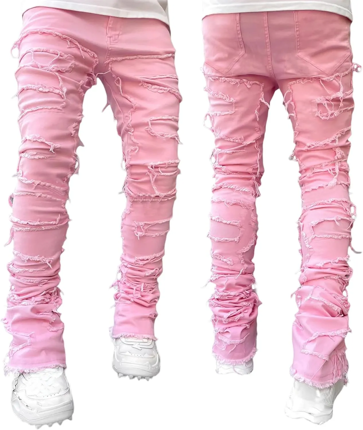 Men Stacked Jeans Distressed Destroyed Straight Denim Pants Fitted Solid Ripped Jeans Harajuku Cargo Trousers