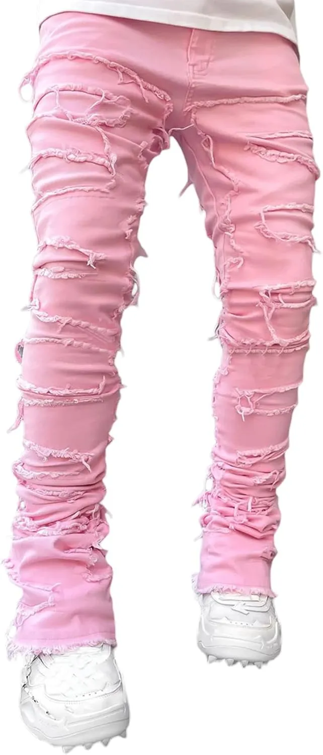 Men Stacked Jeans Distressed Destroyed Straight Denim Pants Fitted Solid Ripped Jeans Harajuku Cargo Trousers