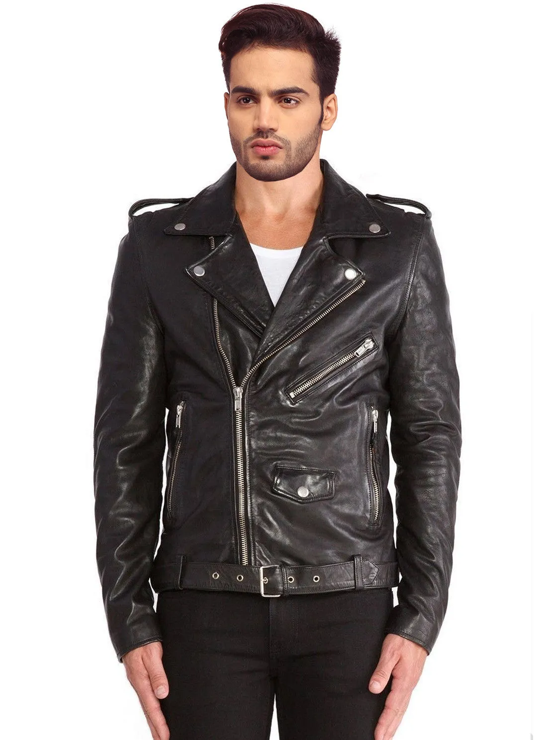 Men Washed Classic Motorcycle Biker Leather Jacket
