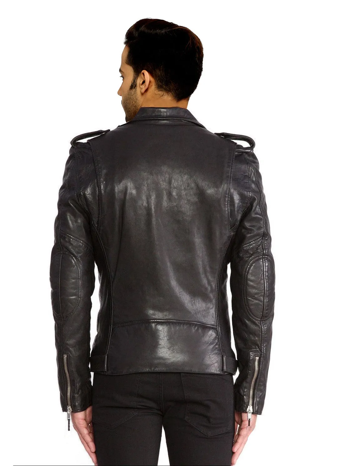 Men Washed Classic Motorcycle Biker Leather Jacket