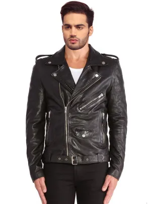 Men Washed Classic Motorcycle Biker Leather Jacket