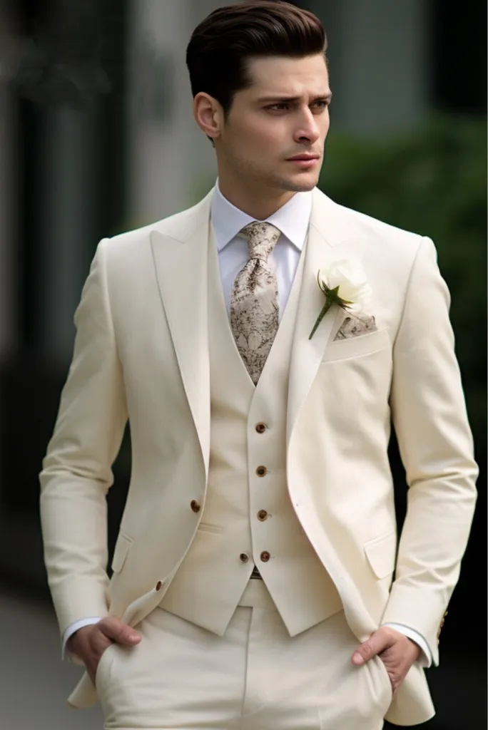 Mens 3 Piece Suit One Button Suit Elegant Bespoke Cream Suit Wear Formal Party Suit Event Bespoke Tailoring