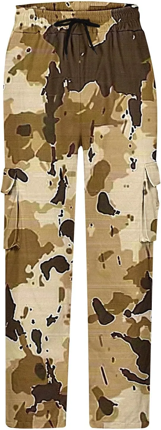 Mens Camo Cargo Pants Elastic Drawstring Waist Wide Leg Trousers Baggy Casual Workout Multipockets Joggers Sweatpants