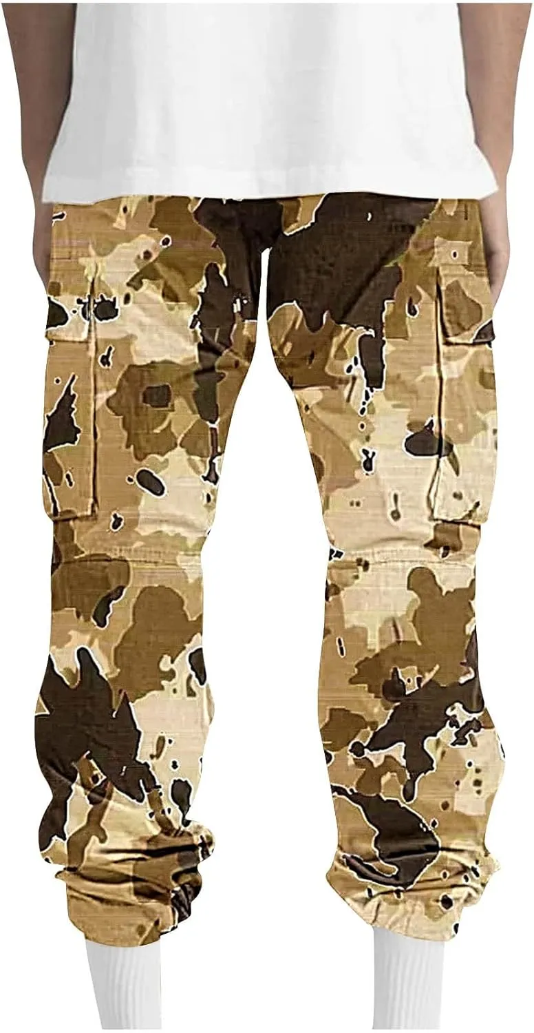 Mens Camo Cargo Pants Elastic Drawstring Waist Wide Leg Trousers Baggy Casual Workout Multipockets Joggers Sweatpants