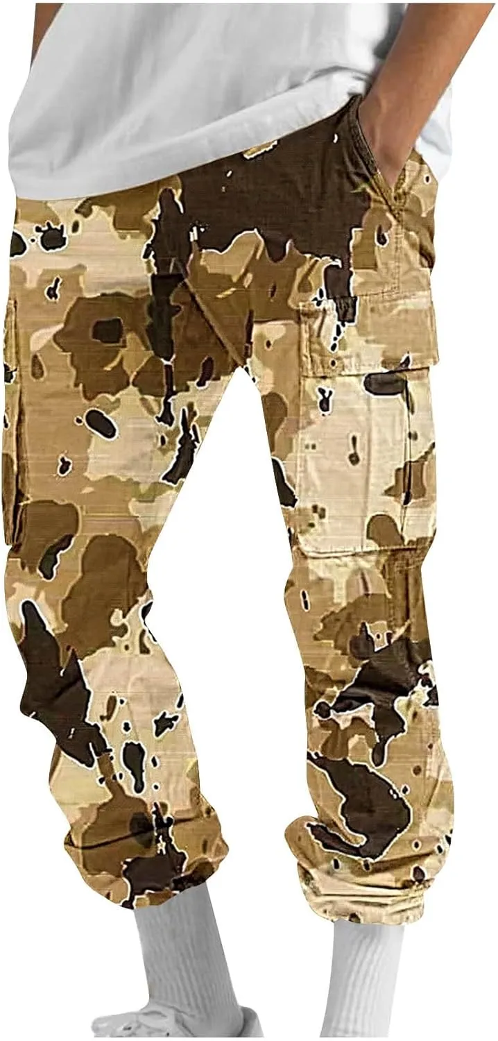 Mens Camo Cargo Pants Elastic Drawstring Waist Wide Leg Trousers Baggy Casual Workout Multipockets Joggers Sweatpants