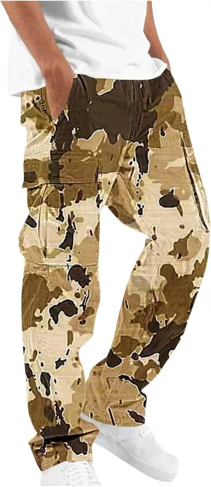 Mens Camo Cargo Pants Elastic Drawstring Waist Wide Leg Trousers Baggy Casual Workout Multipockets Joggers Sweatpants