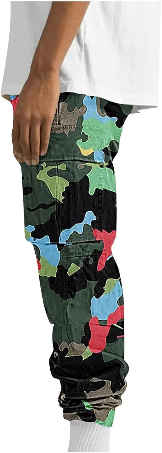 Mens Camo Cargo Pants Elastic Drawstring Waist Wide Leg Trousers Baggy Casual Workout Multipockets Joggers Sweatpants