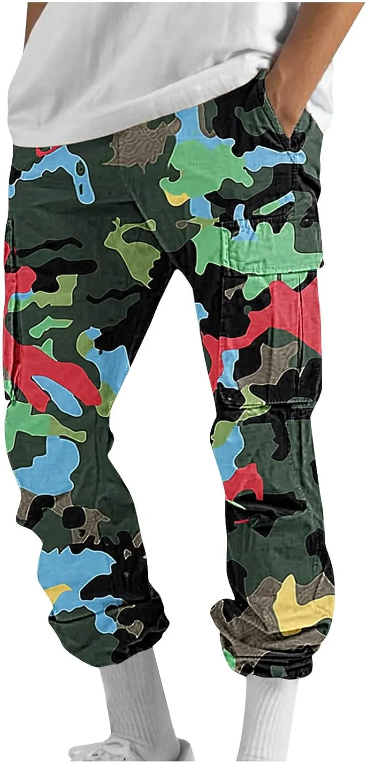 Mens Camo Cargo Pants Elastic Drawstring Waist Wide Leg Trousers Baggy Casual Workout Multipockets Joggers Sweatpants