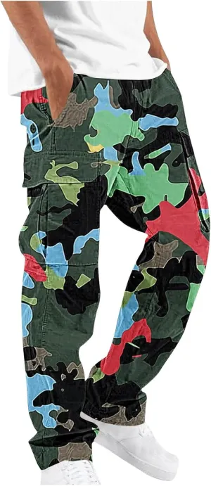 Mens Camo Cargo Pants Elastic Drawstring Waist Wide Leg Trousers Baggy Casual Workout Multipockets Joggers Sweatpants
