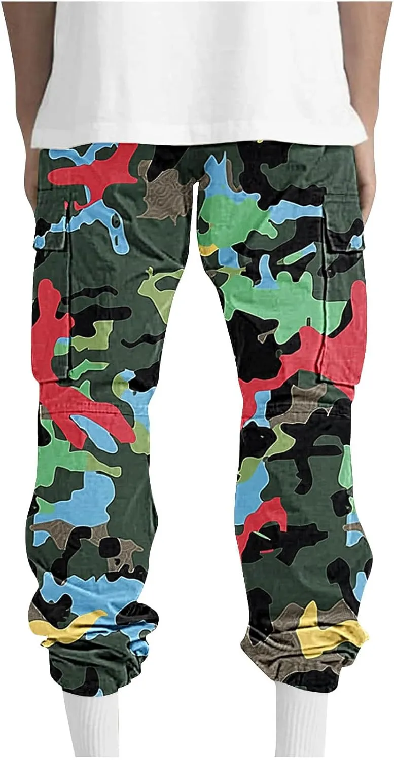 Mens Camo Cargo Pants Elastic Drawstring Waist Wide Leg Trousers Baggy Casual Workout Multipockets Joggers Sweatpants