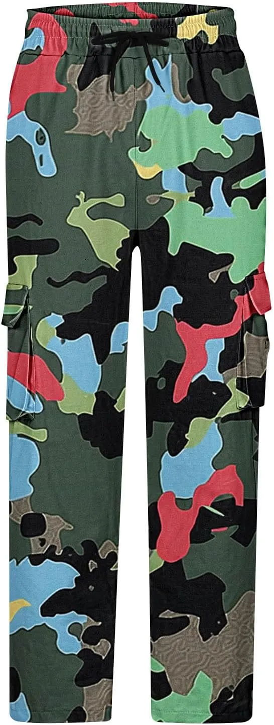 Mens Camo Cargo Pants Elastic Drawstring Waist Wide Leg Trousers Baggy Casual Workout Multipockets Joggers Sweatpants
