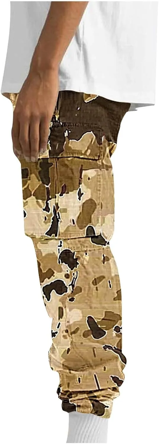 Mens Camo Cargo Pants Elastic Drawstring Waist Wide Leg Trousers Baggy Casual Workout Multipockets Joggers Sweatpants