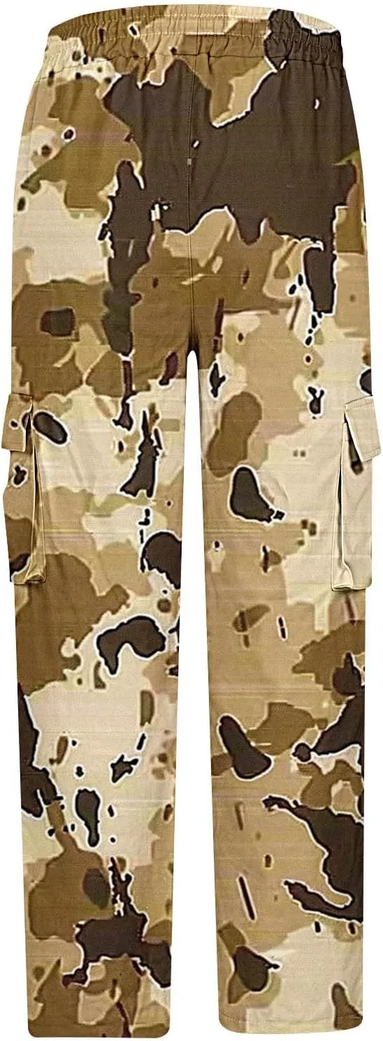 Mens Camo Cargo Pants Elastic Drawstring Waist Wide Leg Trousers Baggy Casual Workout Multipockets Joggers Sweatpants