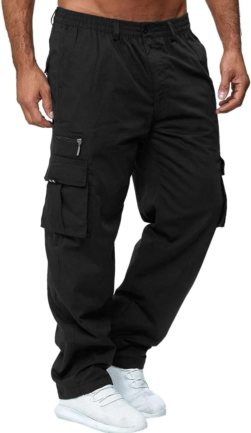 Men's Casual Cargo Sweatpants Multi Pocket Up Solid Color Warm Plush Woven Cargo Hiking Workout Joggers Sweatpants