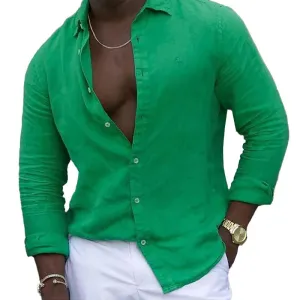 Men's Casual Cotton Linen Solid Color Lapel Long Sleeve Shirt 37815754M