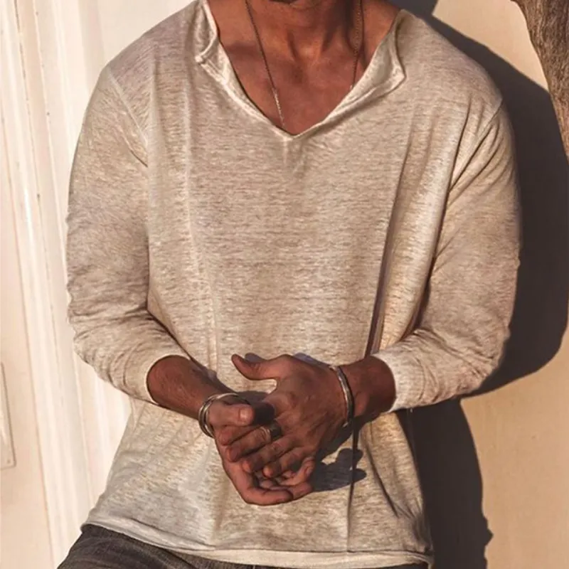 Men's Classic Casual Slim Fit V-Neck Bamboo Cotton Long Sleeve T-Shirt 03940973K