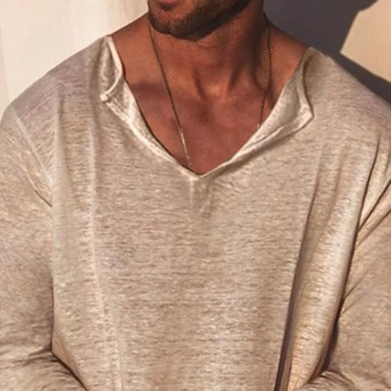 Men's Classic Casual Slim Fit V-Neck Bamboo Cotton Long Sleeve T-Shirt 03940973K