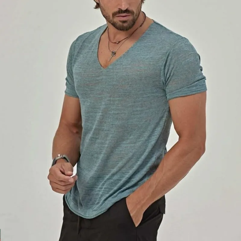 Men's Classic Casual V-Neck Slim Fit Bamboo Cotton Short Sleeve T-Shirt 65750604K