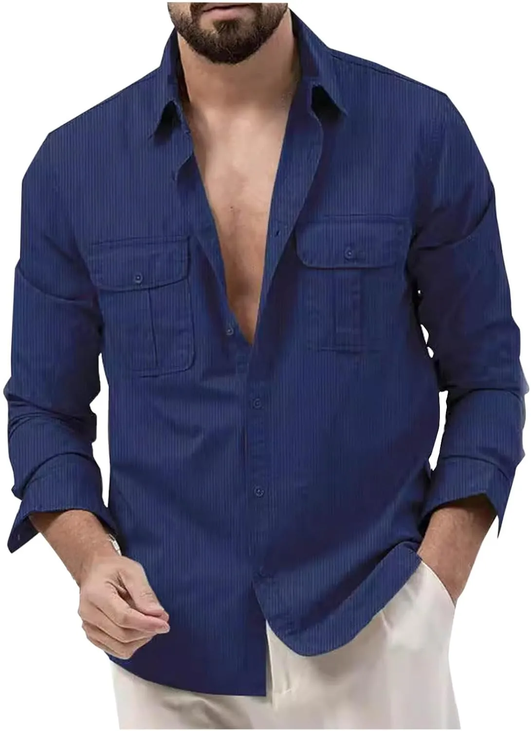 Mens Corduroy Shirts Casual Western Long Sleeve Button Down Shacket Jackets Regular Fit Work Tops with 2 Flap Pockets