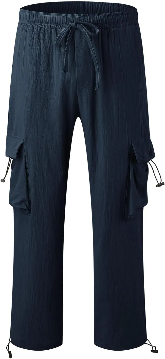 Mens Cotton Linen Cargo Pants Summer Lightweight Beach Yoga Pants with Multi Pockets Athletic Fit Jogging Workout Trousers