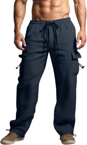 Mens Cotton Linen Cargo Pants Summer Lightweight Beach Yoga Pants with Multi Pockets Athletic Fit Jogging Workout Trousers