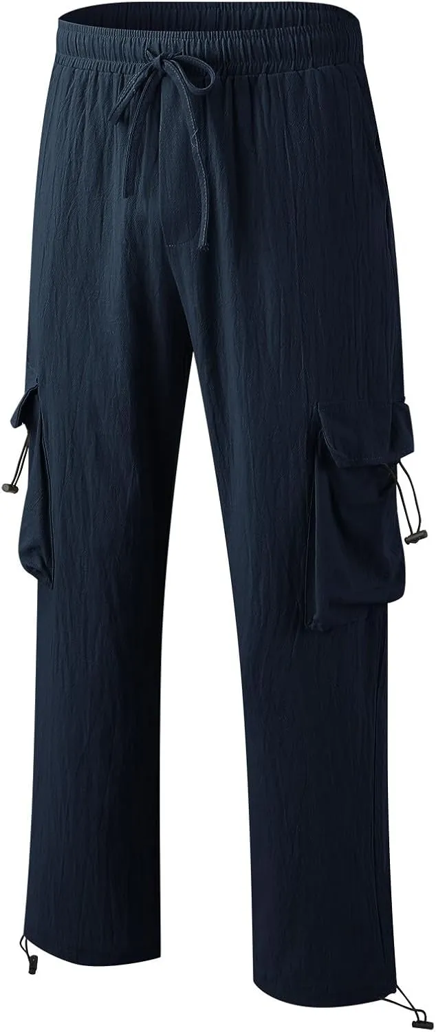 Mens Cotton Linen Cargo Pants Summer Lightweight Beach Yoga Pants with Multi Pockets Athletic Fit Jogging Workout Trousers