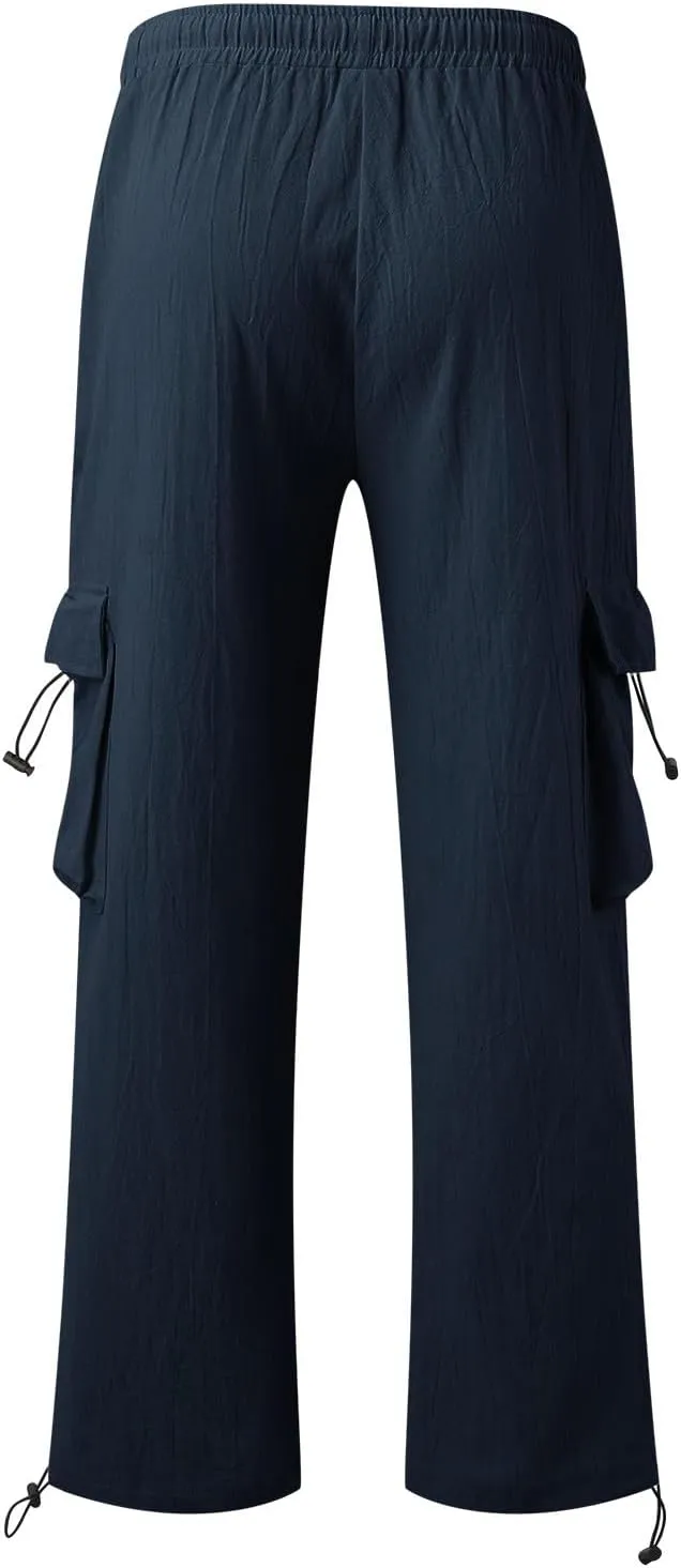 Mens Cotton Linen Cargo Pants Summer Lightweight Beach Yoga Pants with Multi Pockets Athletic Fit Jogging Workout Trousers