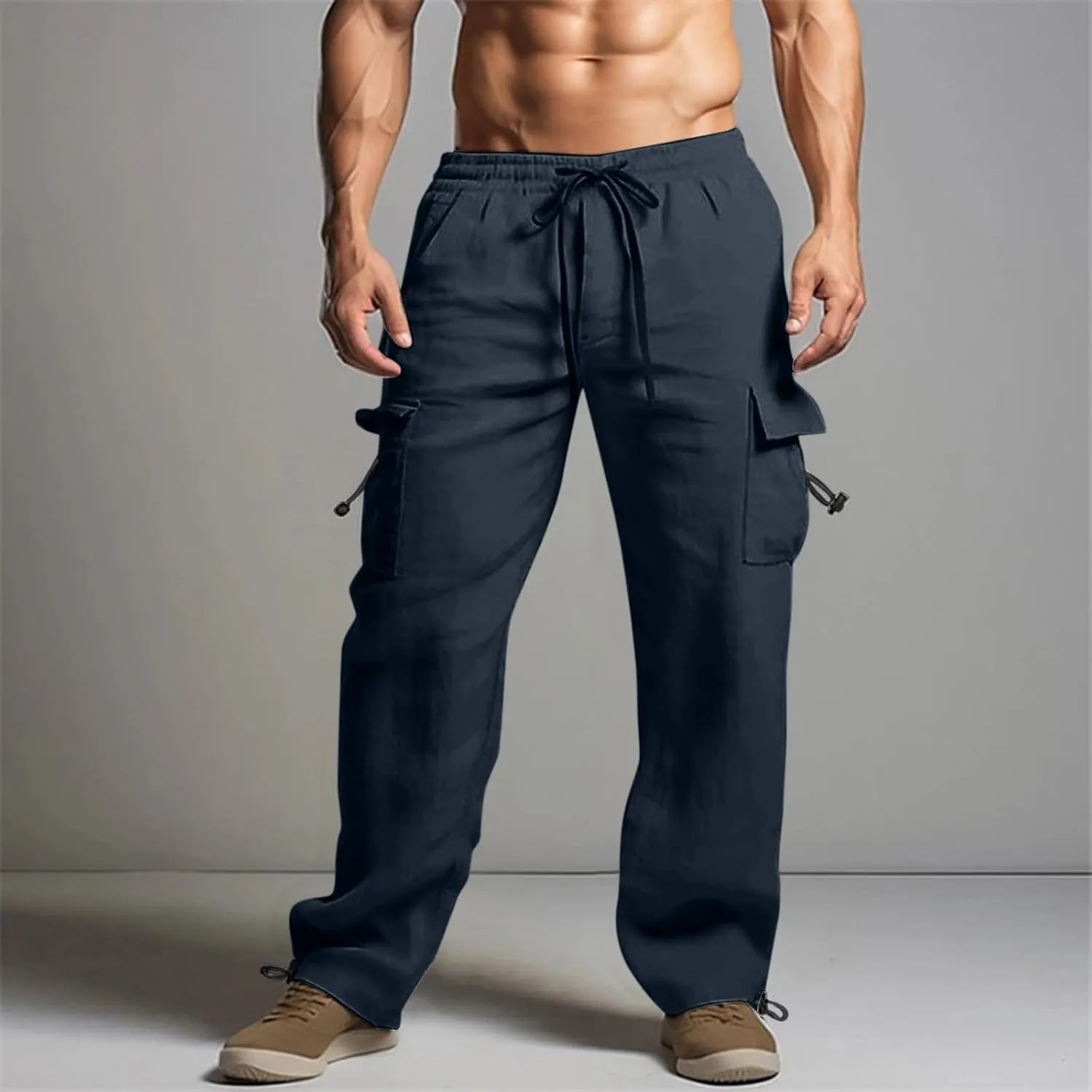 Mens Cotton Linen Cargo Pants Summer Lightweight Beach Yoga Pants with Multi Pockets Athletic Fit Jogging Workout Trousers