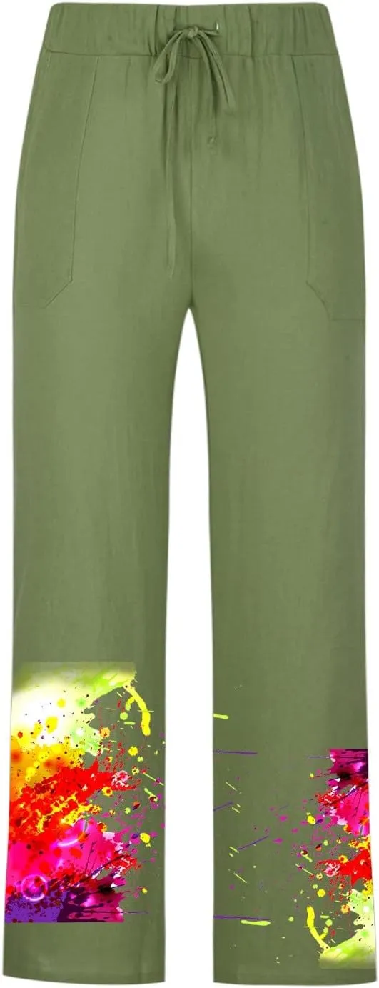 Mens Cotton Linen Casual Pants Vintage Straight Leg Y2K Trousers 80S Funny Tie Dye Graphic Pants Streetwear for Men