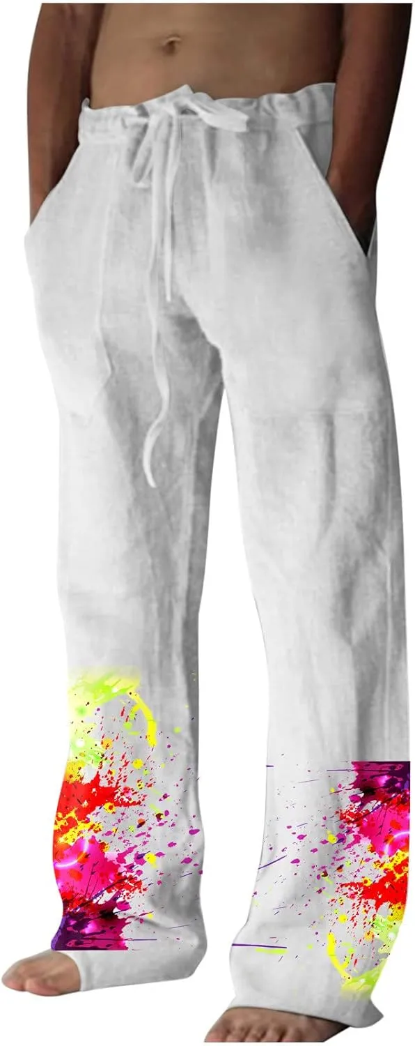 Mens Cotton Linen Casual Pants Vintage Straight Leg Y2K Trousers 80S Funny Tie Dye Graphic Pants Streetwear for Men