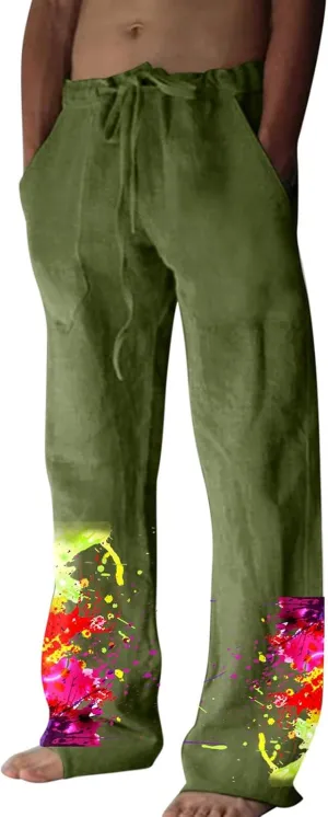 Mens Cotton Linen Casual Pants Vintage Straight Leg Y2K Trousers 80S Funny Tie Dye Graphic Pants Streetwear for Men