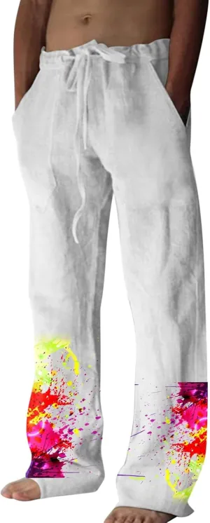 Mens Cotton Linen Casual Pants Vintage Straight Leg Y2K Trousers 80S Funny Tie Dye Graphic Pants Streetwear for Men