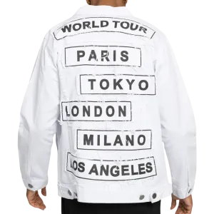 Mens Denim Jacket White with Black Print World Tour Paris Tokyo London Milan LA