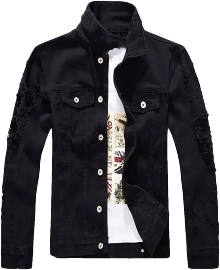 Men's Distressed Motorcycle Jeans Jacket Distressed Denim Trucker Jacket Coat